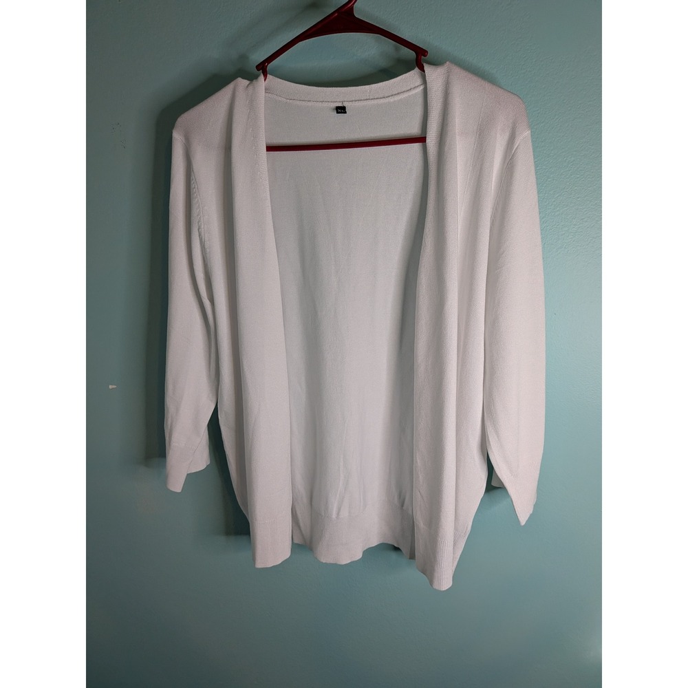 White Open Front 3/4 Sleeve Cardigan XL Recycled Polyester Knit Sweater